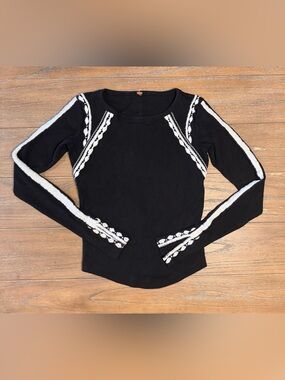 Free People Black Long Sleeve Top with White Embroidered Trim #19